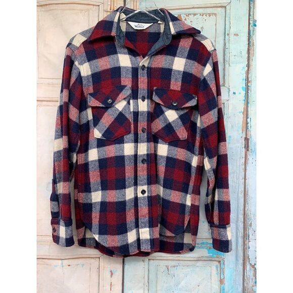 Vintage Woolrich Mens S Button Down Shirt Jacket with Pockets  Red, Blue and whi - Picture 1 of 9